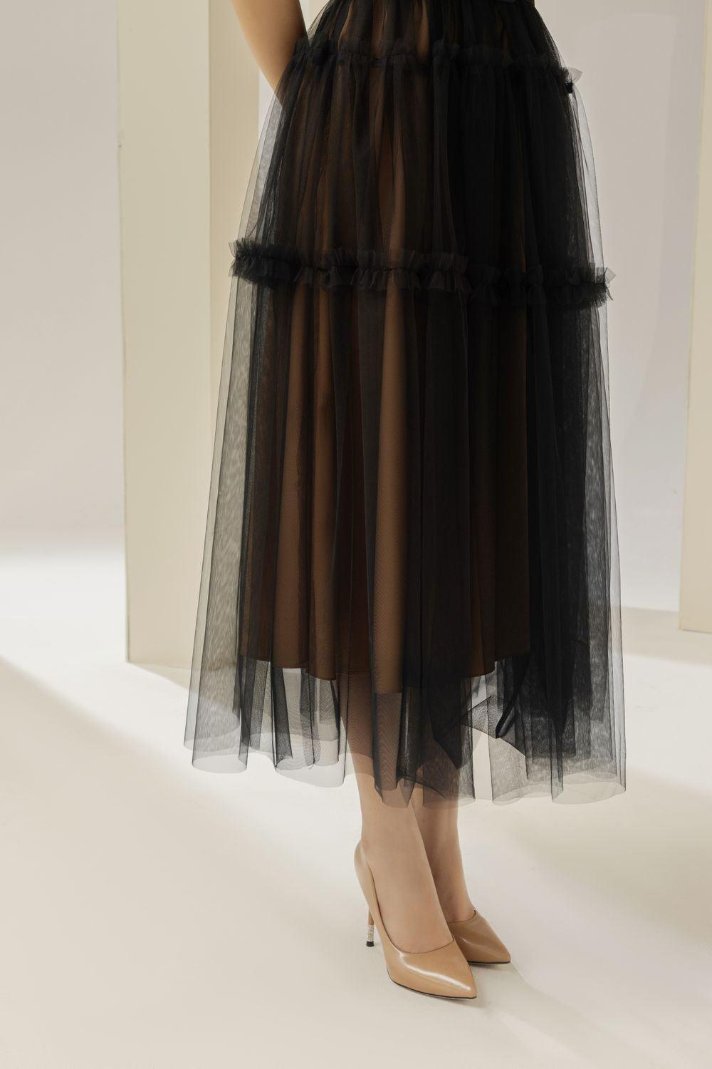 Viana Gathered Square Neck Tulle Midi Dress - MEAN BLVD