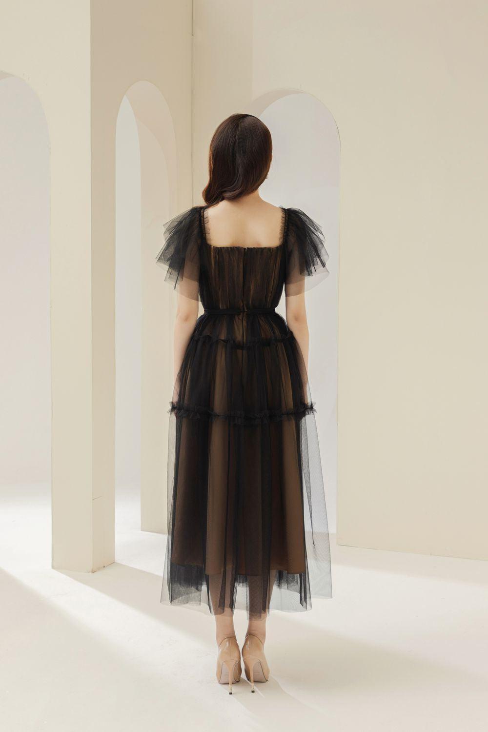 Viana Gathered Square Neck Tulle Midi Dress - MEAN BLVD