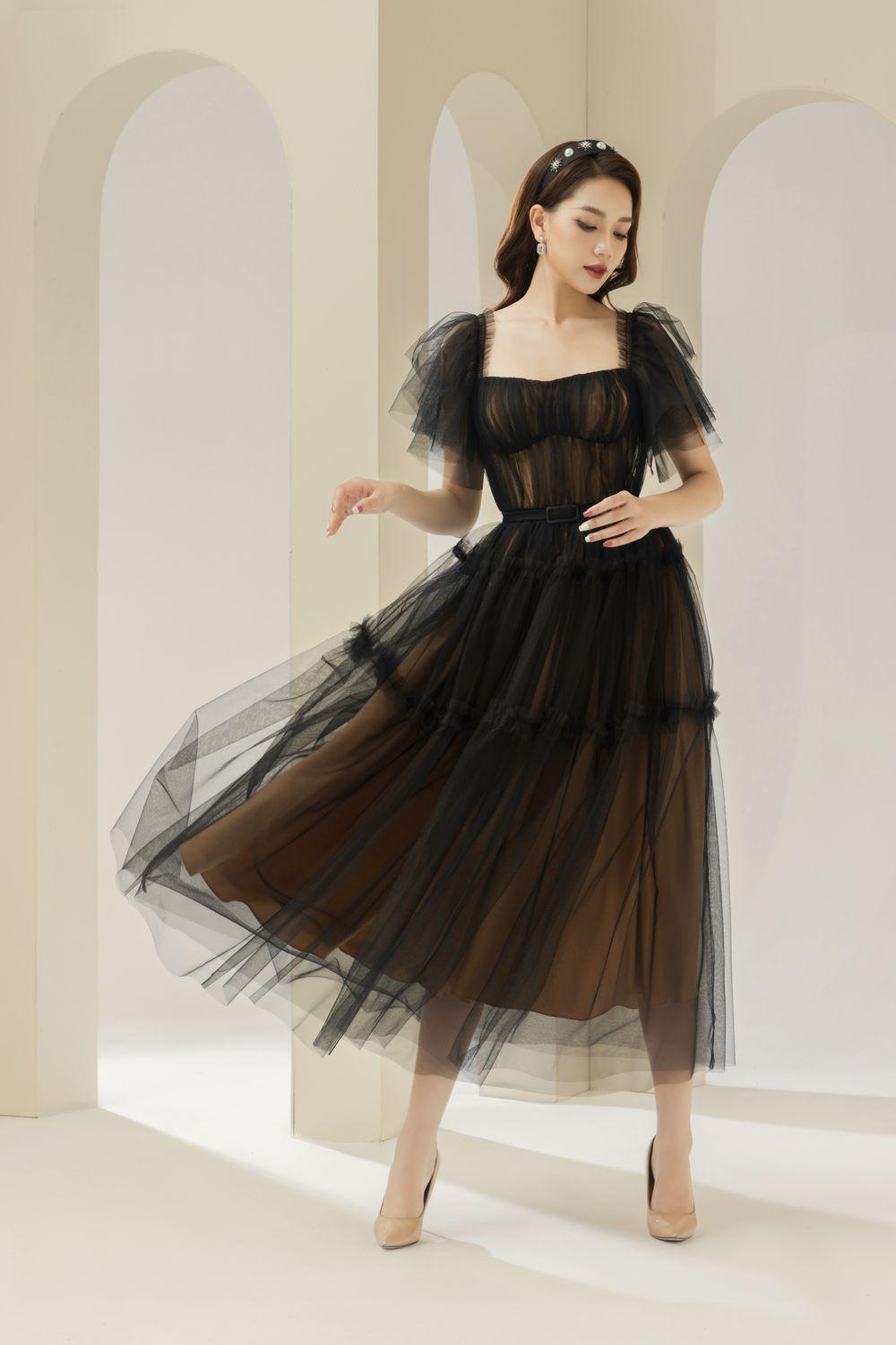 Viana Gathered Square Neck Tulle Midi Dress - MEAN BLVD