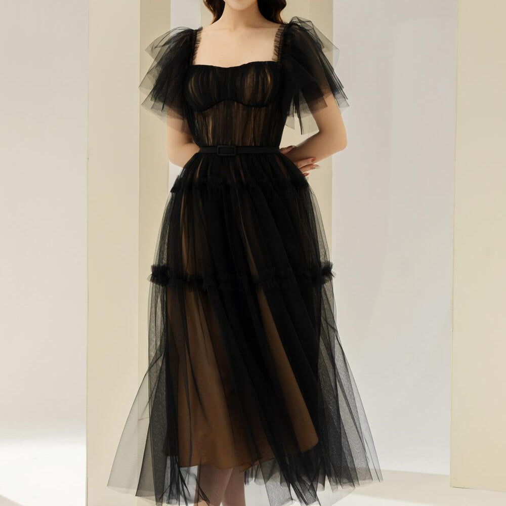 Viana Gathered Square Neck Tulle Midi Dress - MEAN BLVD
