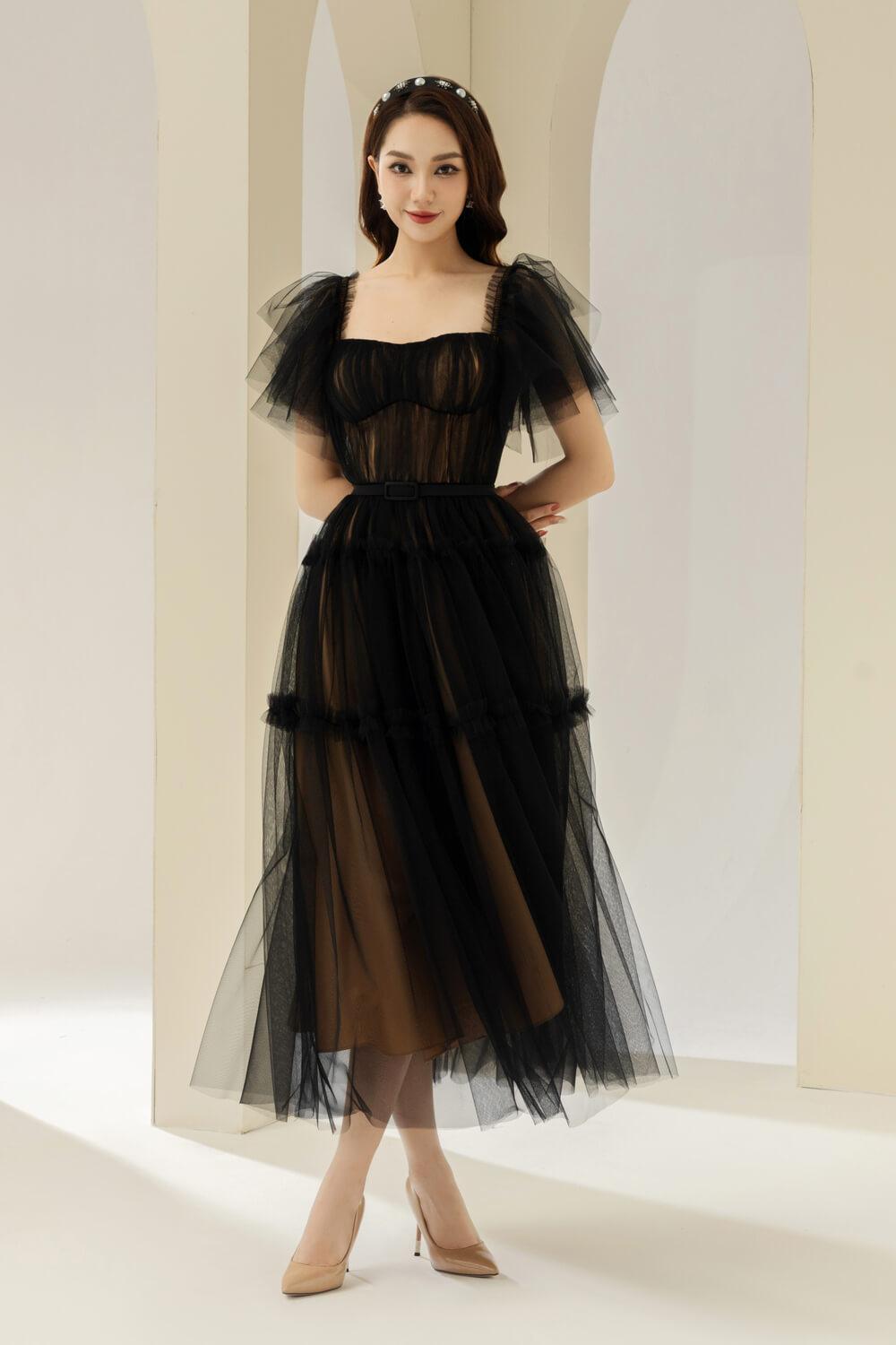 knee length dresses for ladies Mademoiselle Black Tulle Midi Dress – Petite Chérie main image 1