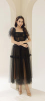 Viana Gathered Square Neck Tulle Midi Dress - MEAN BLVD