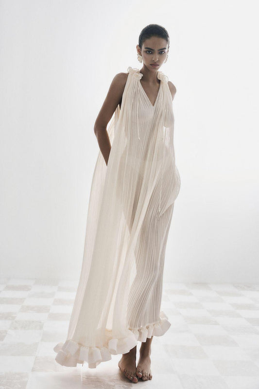 Victoire Pleated V-Neck Polyester Ankle Length Dress - MEAN BLVD