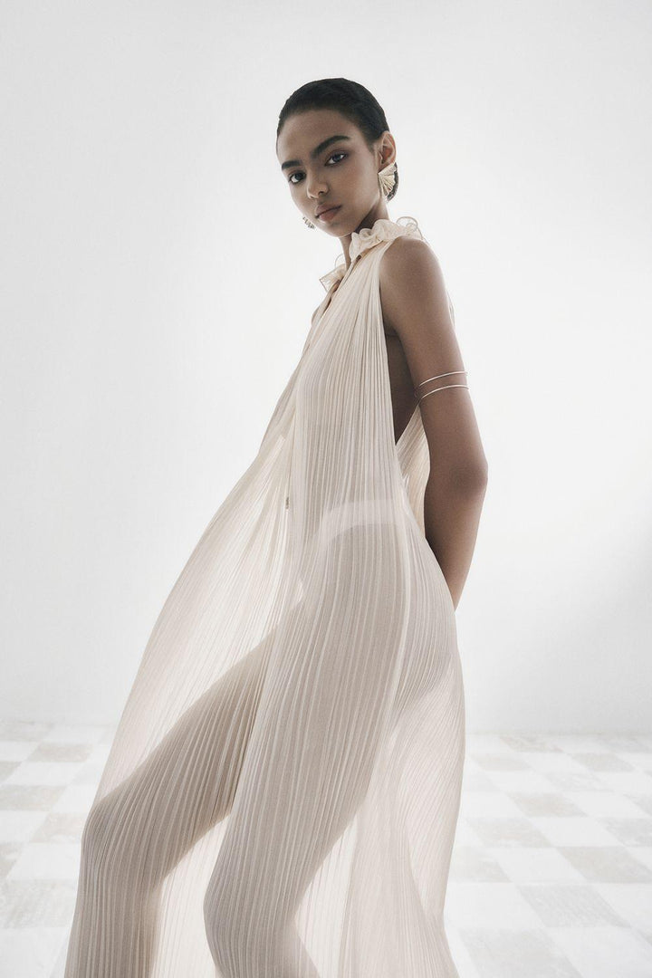 Victoire Pleated V-Neck Polyester Ankle Length Dress - MEAN BLVD