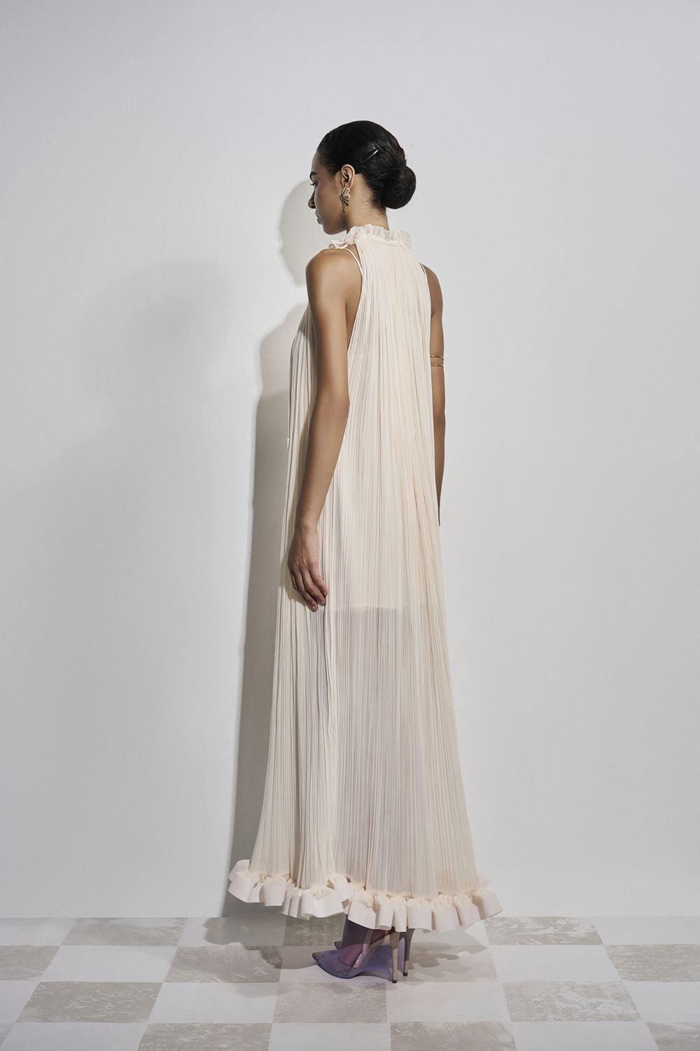 Victoire Pleated V-Neck Polyester Ankle Length Dress - MEAN BLVD