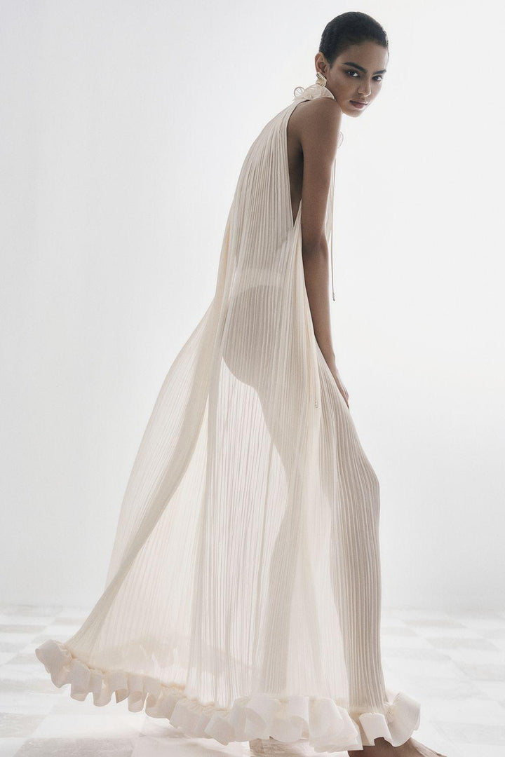Victoire Pleated V-Neck Polyester Ankle Length Dress - MEAN BLVD