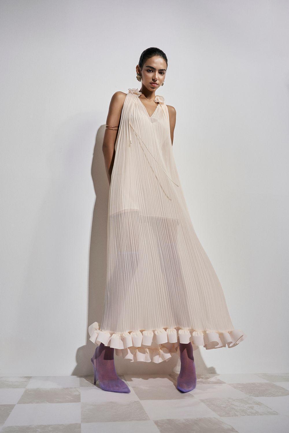 Victoire Pleated V-Neck Polyester Ankle Length Dress - MEAN BLVD