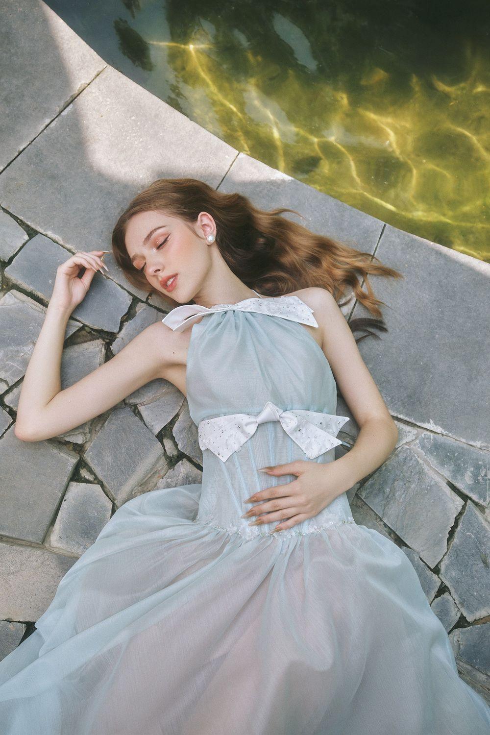 Women's Virginie Drop Waist Halter Neck Chiffon Midi Dress XS/XS/S/M/L/XL/Customize Blue MEAN BLVD Blue / L Women's Virginie Drop Waist Halter Neck Chiffon Midi Dress XS/XS/S/M/L/XL/Customize Blue MEAN BLVD Blue / L