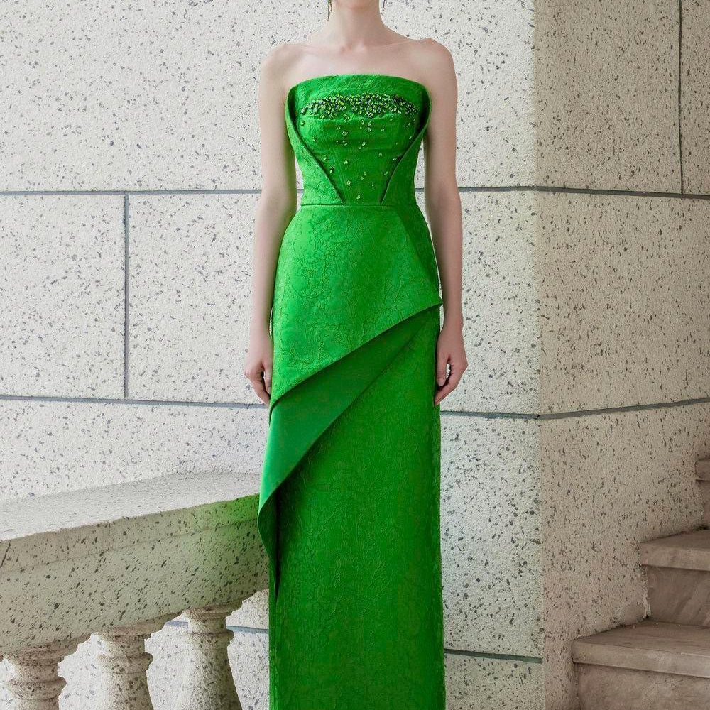 Visage Strapless Straight Across Neck Jacquard Floor Length Dress - MEAN BLVD