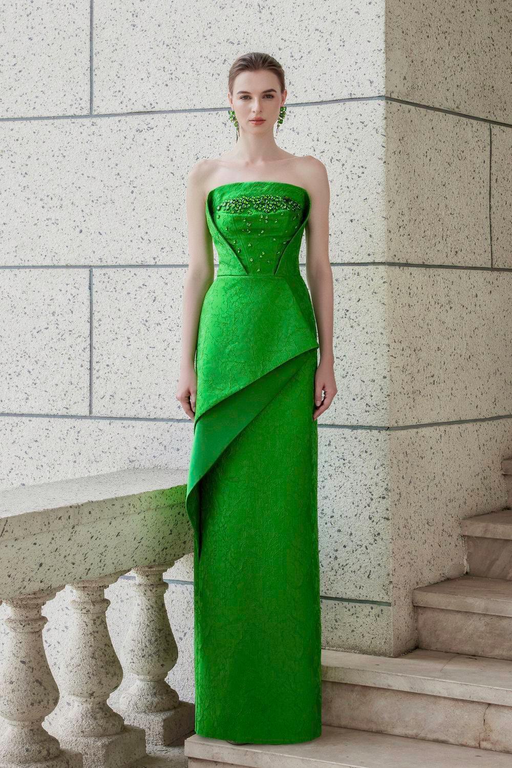 Women's Visage Strapless Straight Across Neck Jacquard Floor Length Dress  XS/S/M/L/XL/XXL Emerald MEAN BLVD