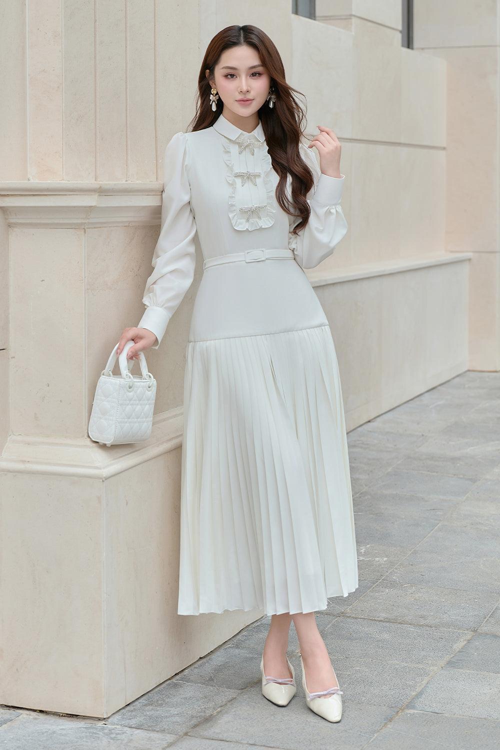 silk cotton blend dress Women's Vita A-line Cuff Sleeved Silk Cotton Blend Midi Dress S/M/L/Customize White MEAN BLVD White / M