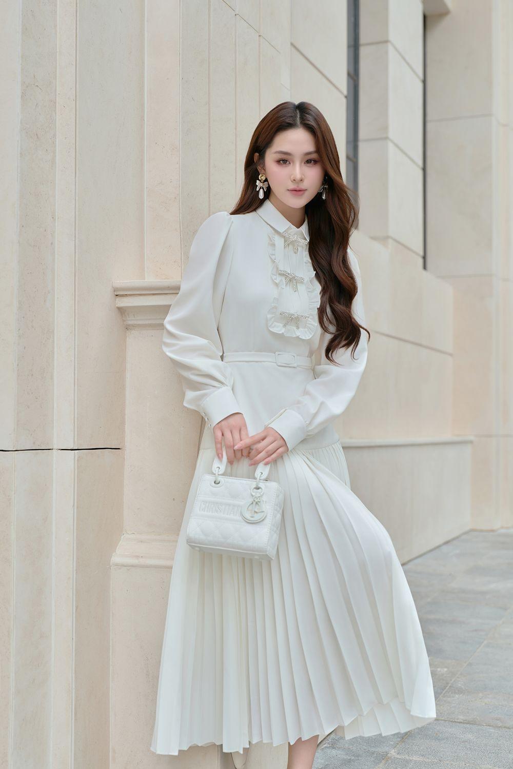Women's Vita A-Line Cuff Sleeved Silk Cotton Blend Midi Dress S/M/L/Customize White Mean Blvd White / M