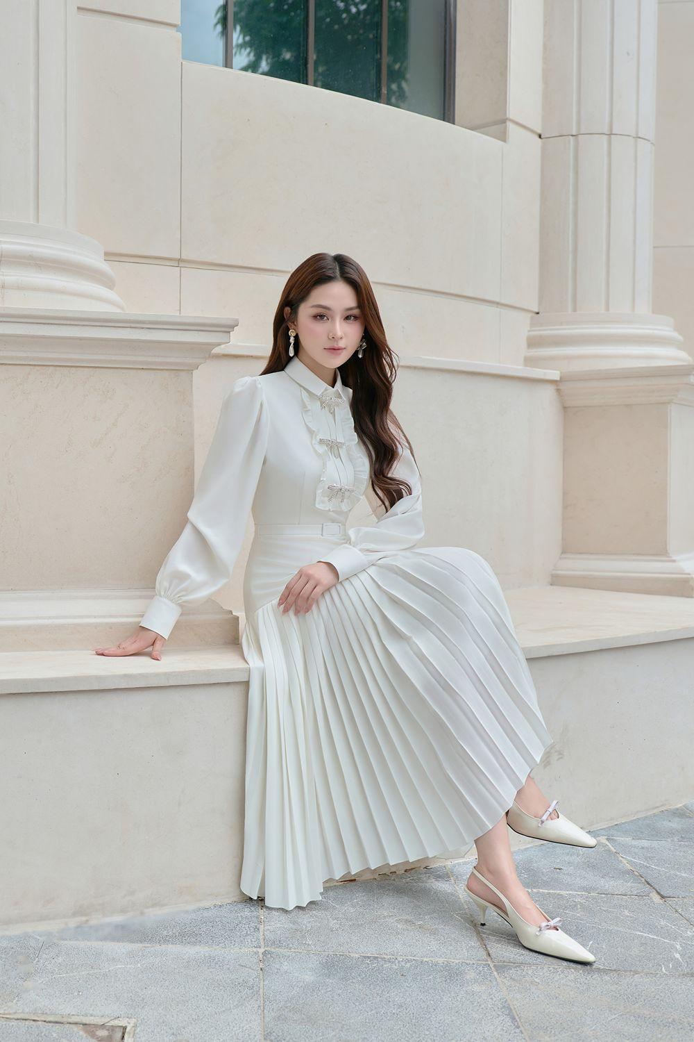 Women's Vita A-Line Cuff Sleeved Silk Cotton Blend Midi Dress S/M/L/Customize White Mean Blvd White / M