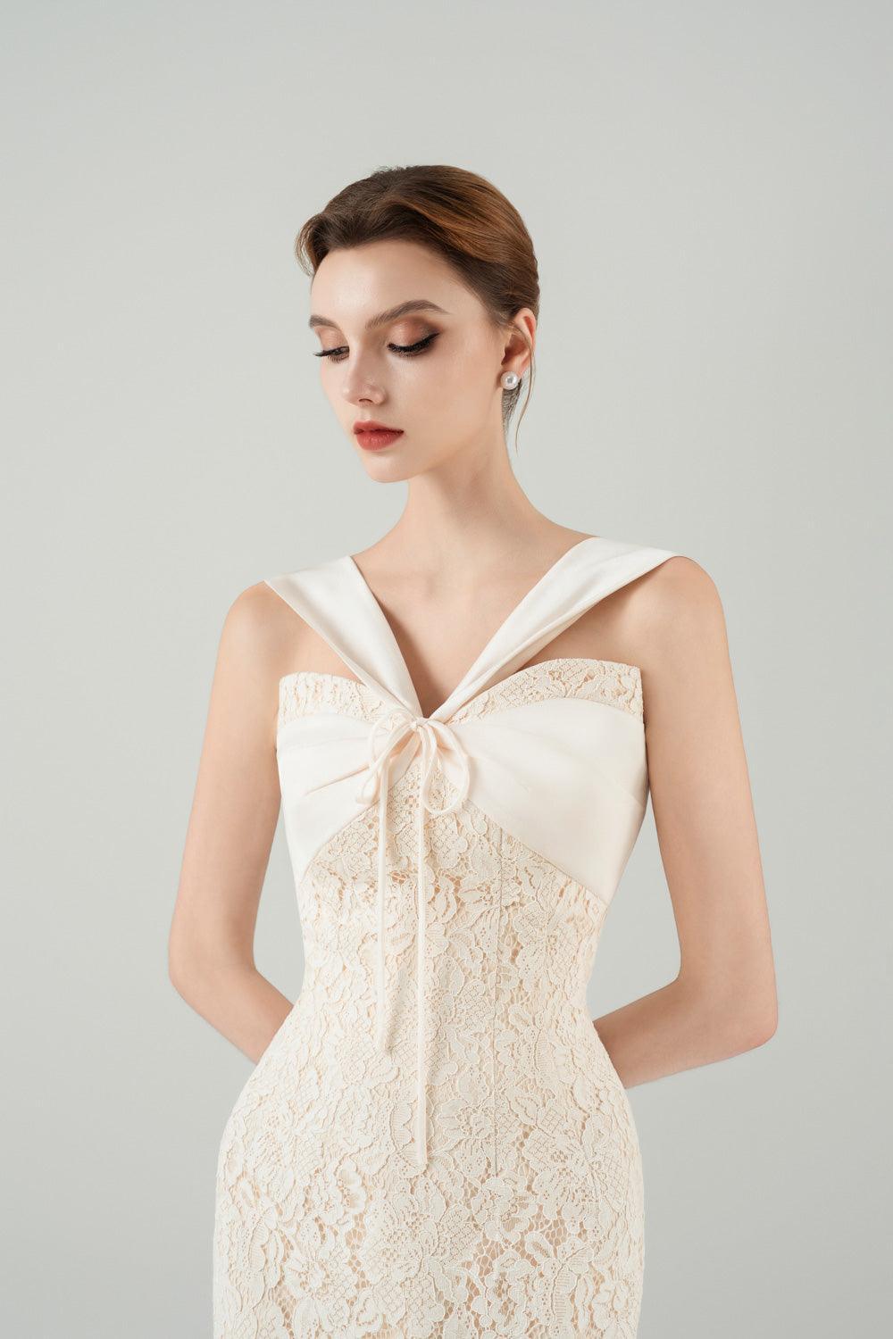 Vittoria Pegged V-Neck Lace Midi Dress - MEAN BLVD