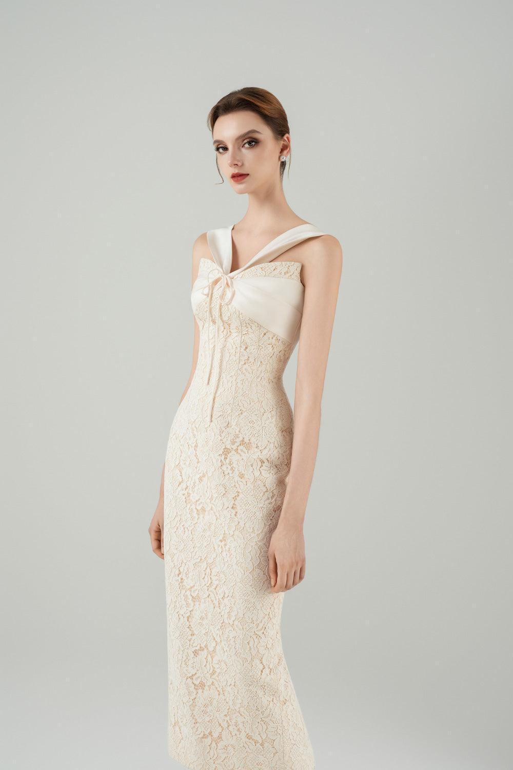 Women's Vittoria Pegged V-Neck Lace Midi Dress S/M/L/XL/Customize Beige Mean Blvd Beige / L
