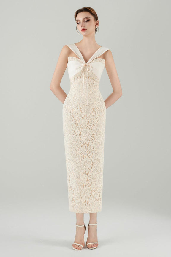 Women Beige Rib Tape Detail V-Neck Midi Dress
