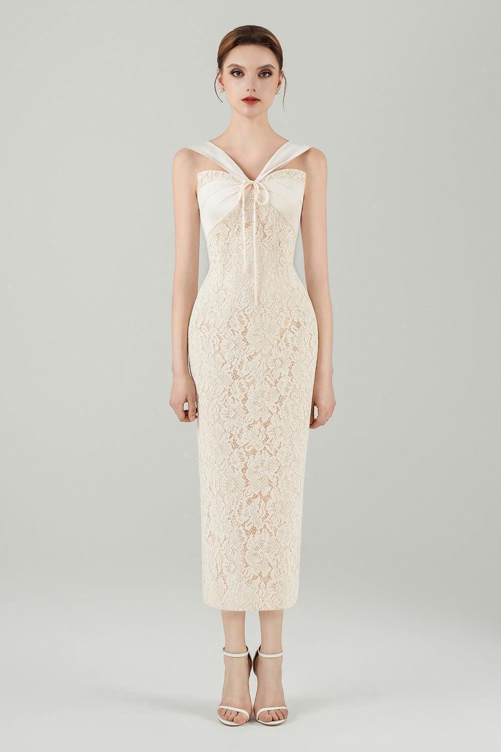 Vittoria Pegged V-Neck Lace Midi Dress - MEAN BLVD