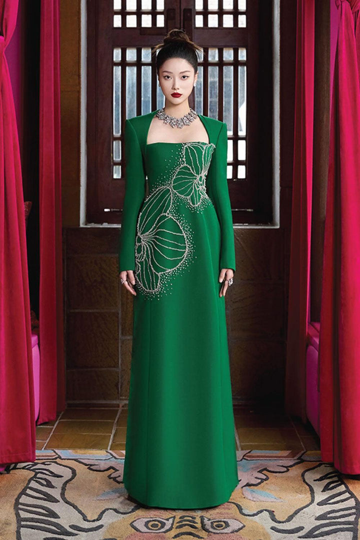 Vivacy A-line Queen Anne Neck Velvet Satin Maxi Dress - MEAN BLVD