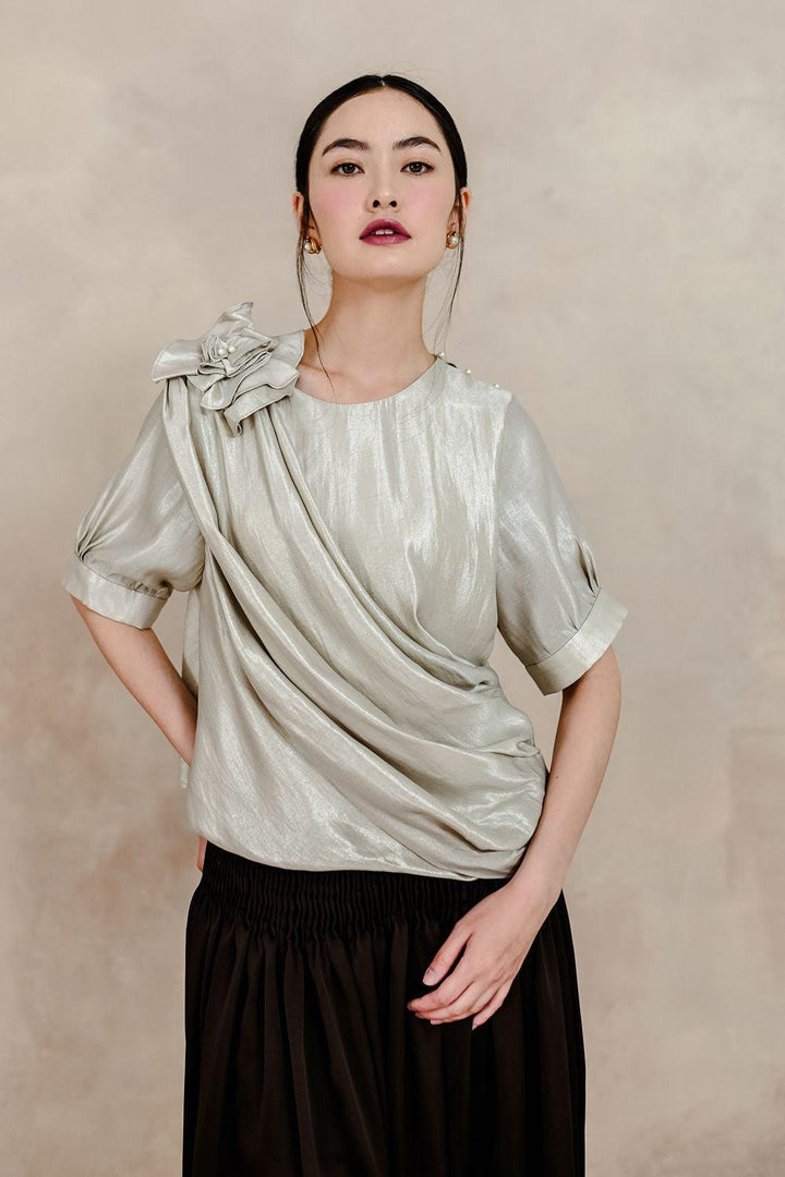 Vivienne Gathered Round Neck Taffeta Silk Shirt - MEAN BLVD