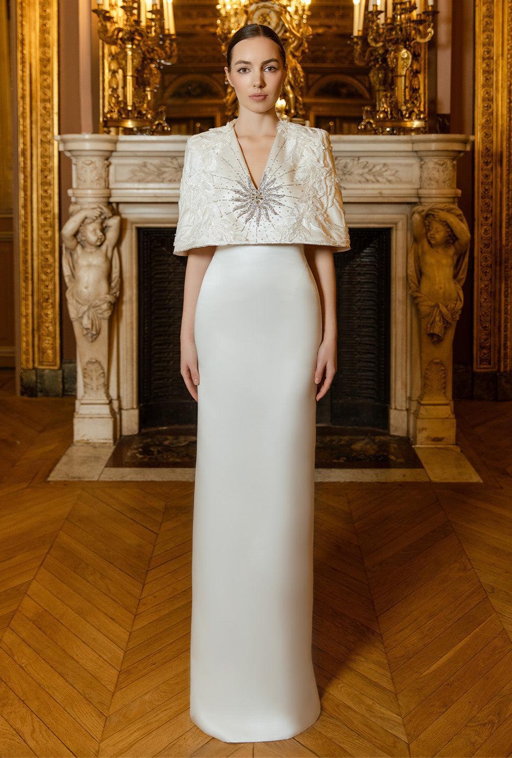 Vows Cape V-Neck Taffeta Silk Floor Length Dress - MEAN BLVD