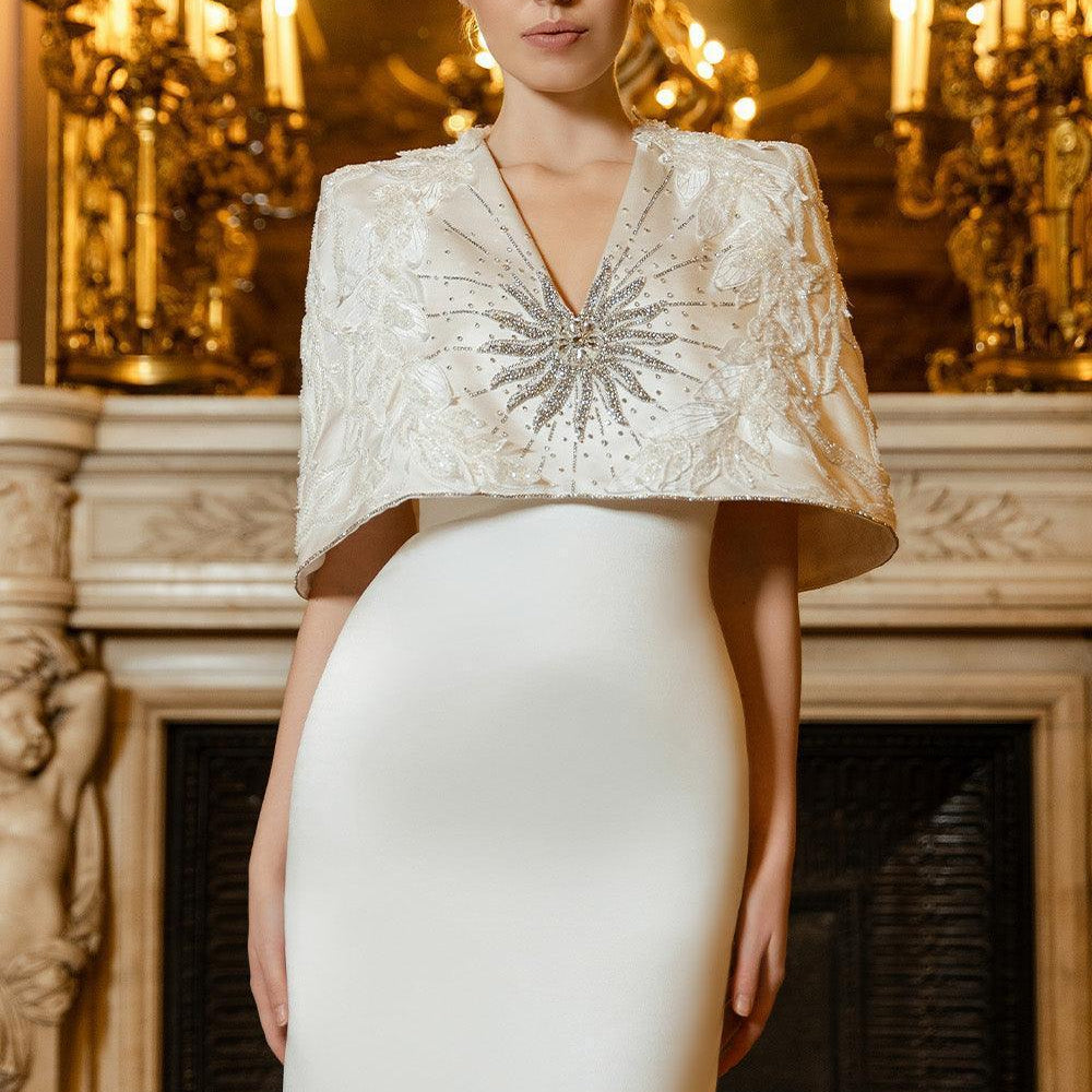 Vows Cape V-Neck Taffeta Silk Floor Length Dress - MEAN BLVD