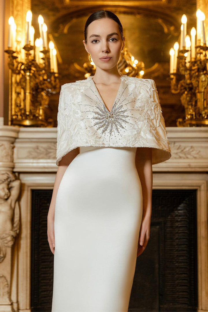 Vows Cape V-Neck Taffeta Silk Floor Length Dress - MEAN BLVD
