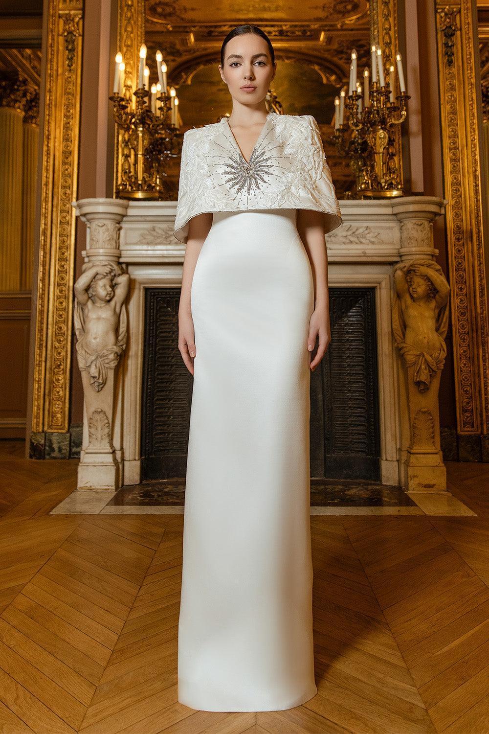 Vows Cape V-Neck Taffeta Silk Floor Length Dress - MEAN BLVD