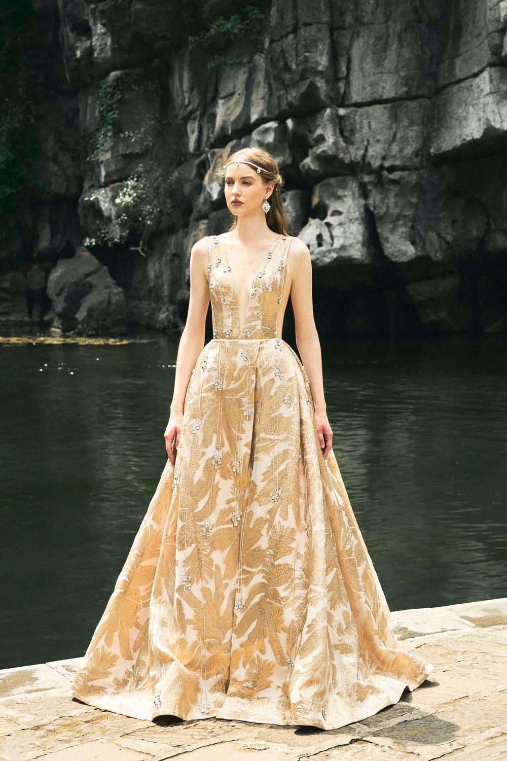 Women's Wanderlust Ball Gown Sleeveless Jacquard Floor Length Dress XS/S/M/L/XL/Gold/MEAN Blvd Customize / Gold