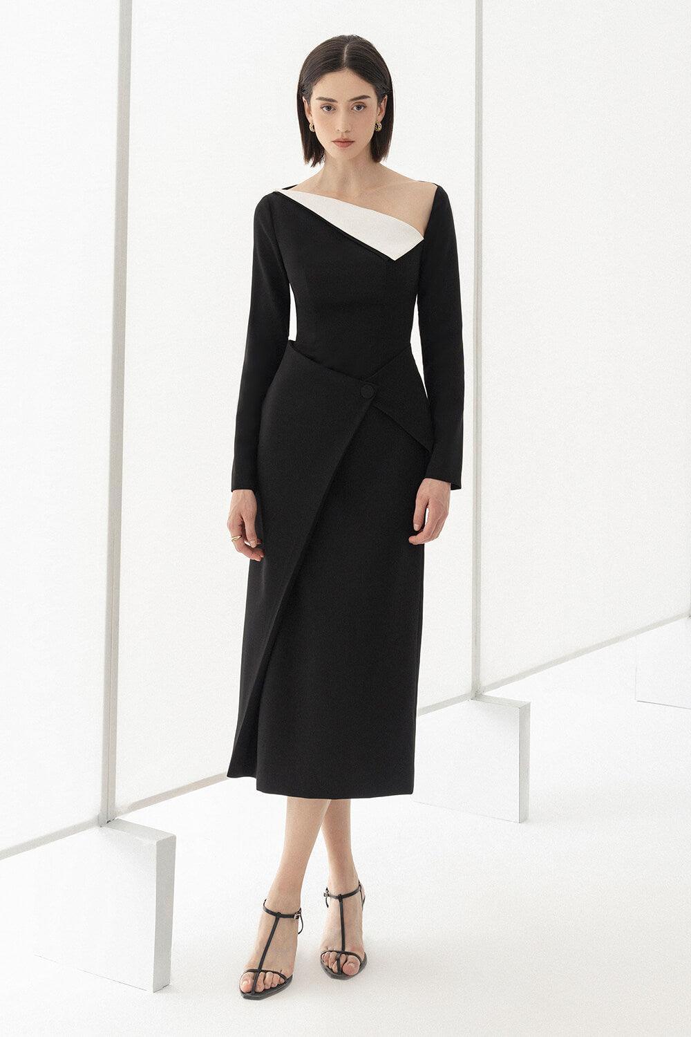 Women's Wendy Sheath Asymmetric Neck Polycotton Midi Dress S/M/L/XL White/Black MEAN BLVD L / Black