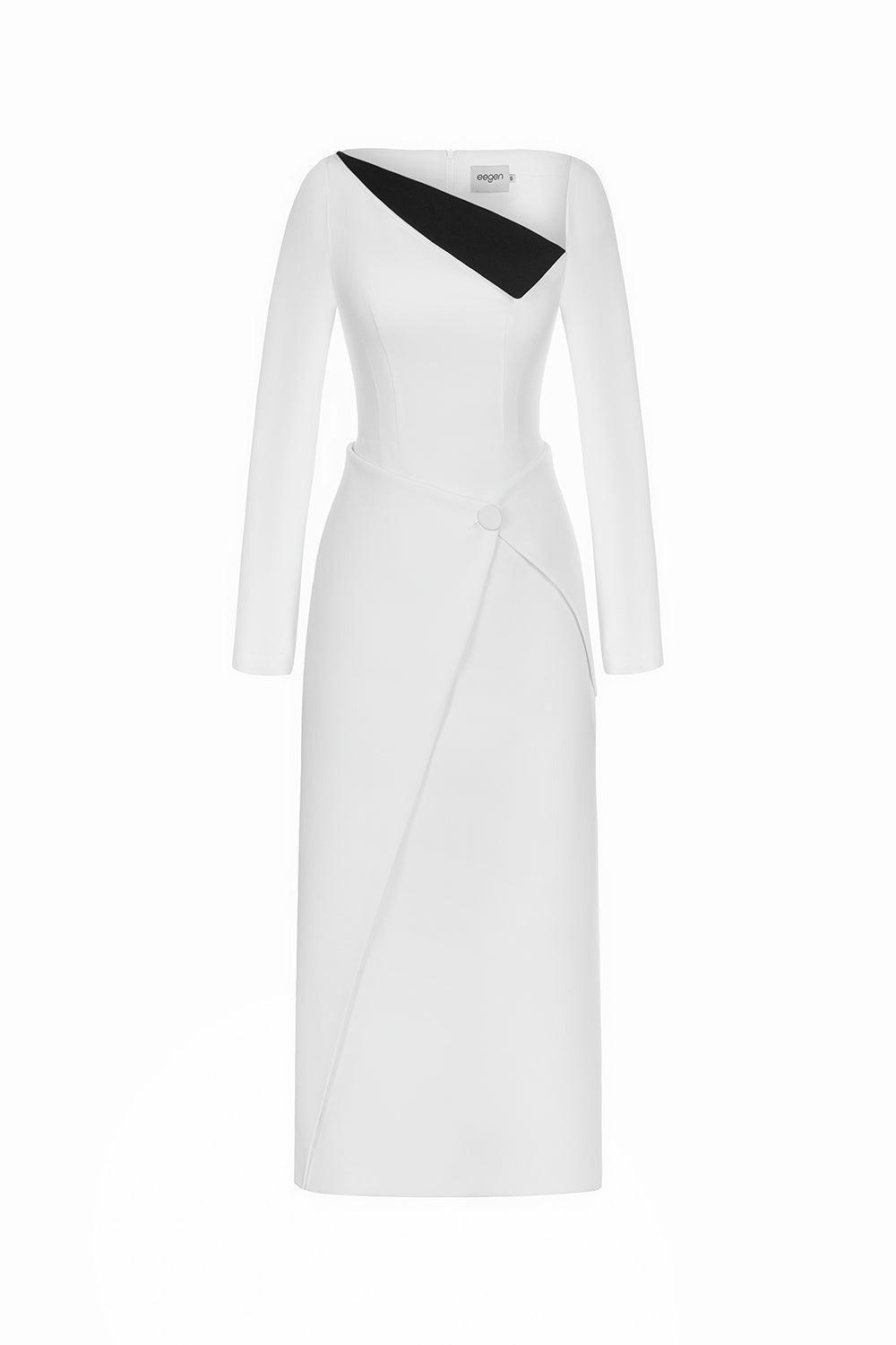 Women's Wendy Sheath Asymmetric Neck Polycotton Midi Dress S/M/L/XL White/Black MEAN BLVD S / White Women's Wendy Sheath Asymmetric Neck Polycotton Midi Dress S/M/L/XL White/Black MEAN BLVD S / White