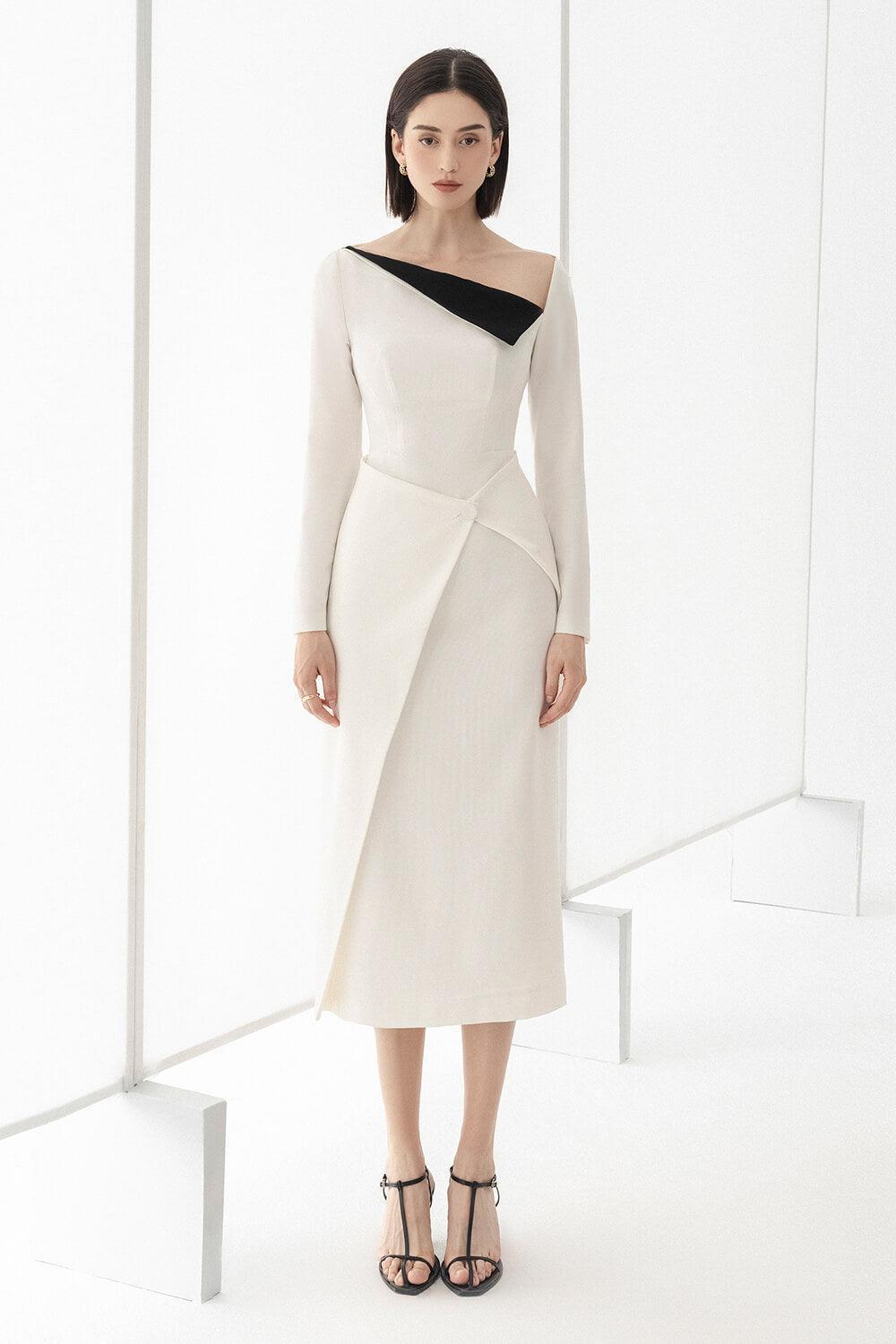 Women's Wendy Sheath Asymmetric Neck Polycotton Midi Dress S/M/L/XL White/Black MEAN BLVD S / White Women's Wendy Sheath Asymmetric Neck Polycotton Midi Dress S/M/L/XL White/Black MEAN BLVD S / White