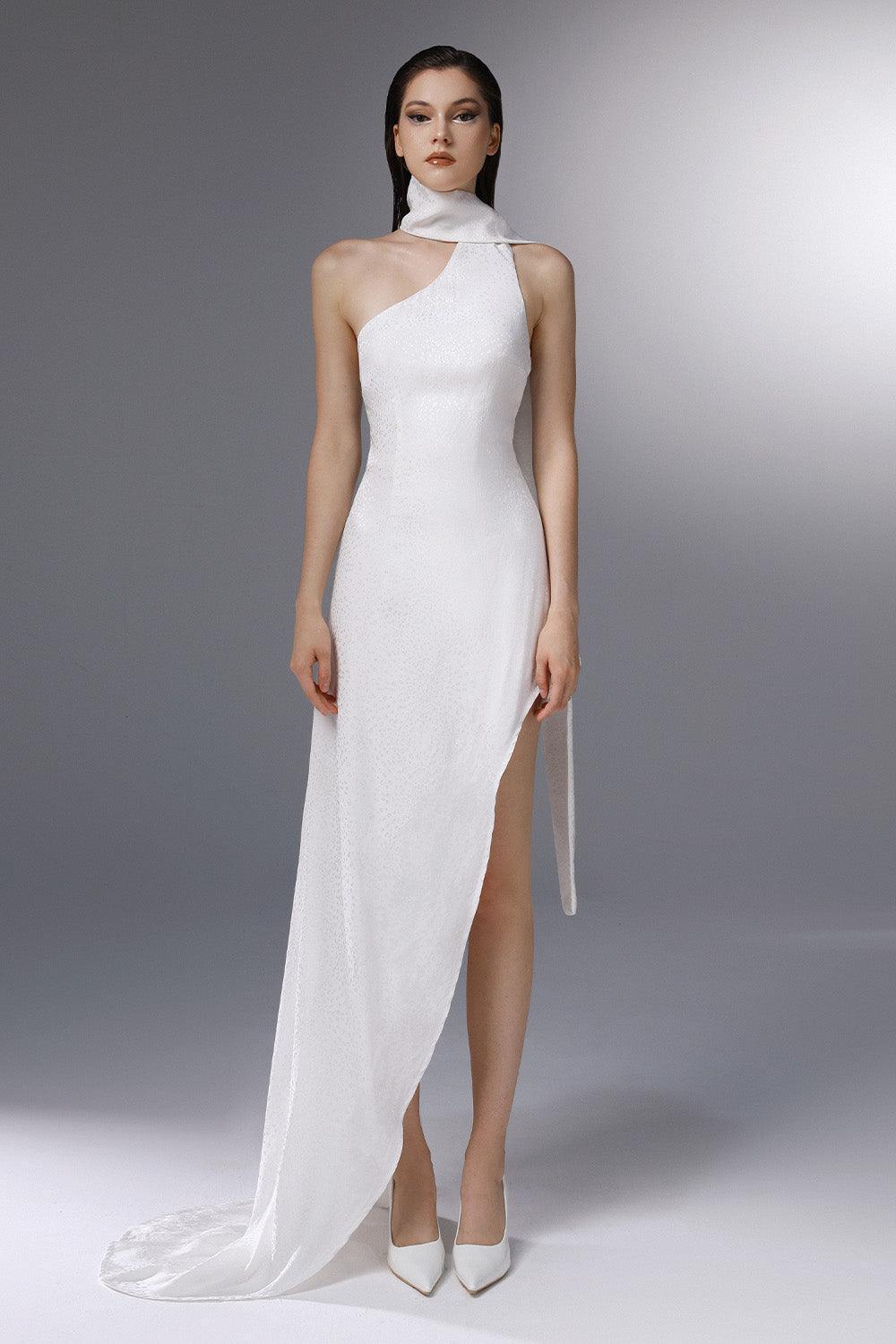 Women's Whirlwind Asymmetric Scarf Neck Silk Floor Length Dress 0/1/2/3 White MEAN BLVD