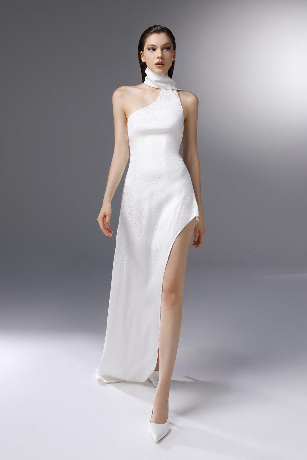Whirlwind Asymmetric Scarf Neck Silk Floor Length Dress - MEAN BLVD