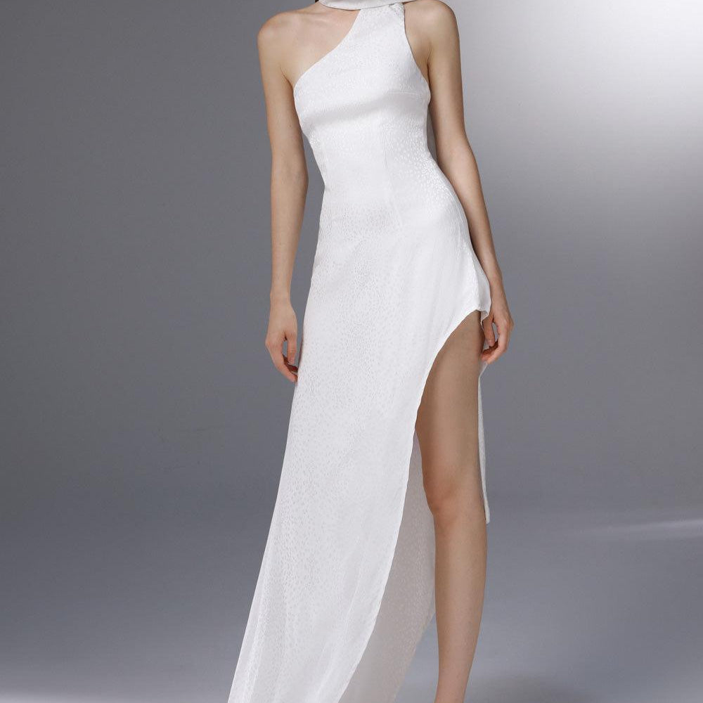 Whirlwind Asymmetric Scarf Neck Silk Floor Length Dress - MEAN BLVD