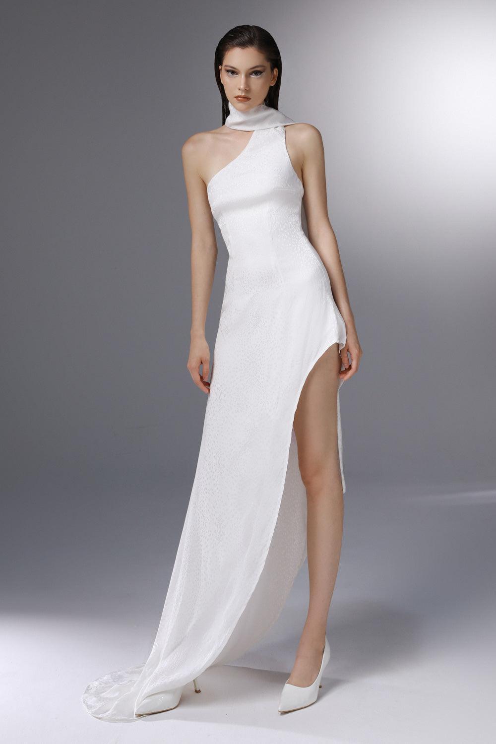 Whirlwind Asymmetric Scarf Neck Silk Floor Length Dress - MEAN BLVD