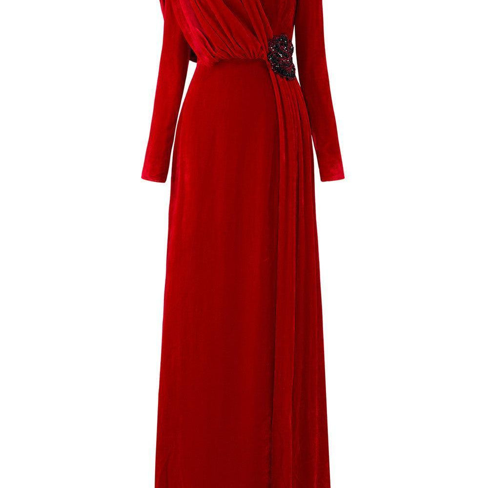 Whitley Sheath Asymmetric Shoulder Velvet Floor Length Dress - MEAN BLVD