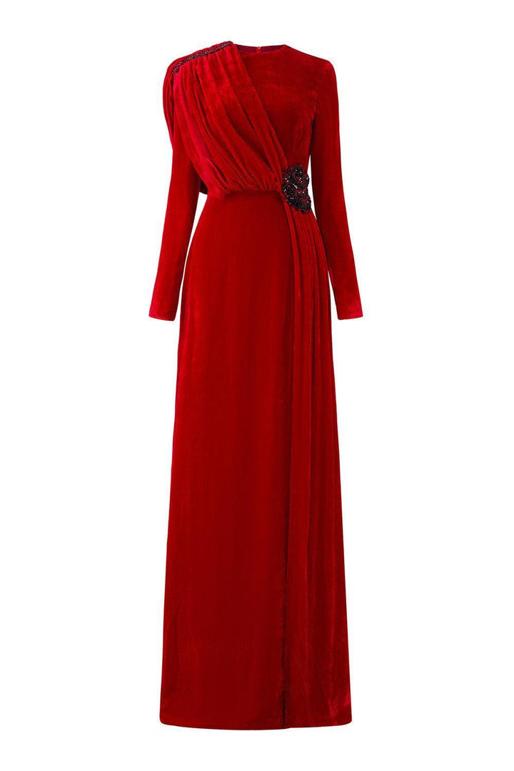 Whitley Sheath Asymmetric Shoulder Velvet Floor Length Dress - MEAN BLVD