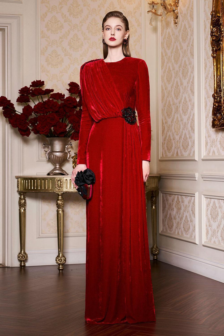 Whitley Sheath Asymmetric Shoulder Velvet Floor Length Dress - MEAN BLVD