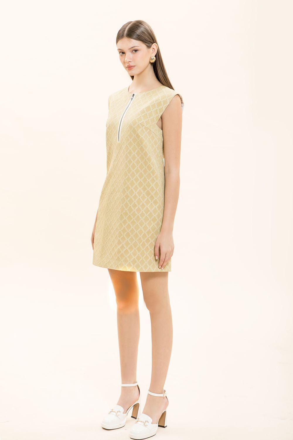 Winifred Straight Round Neck Brocade Mini Dress Yellow Beige / S