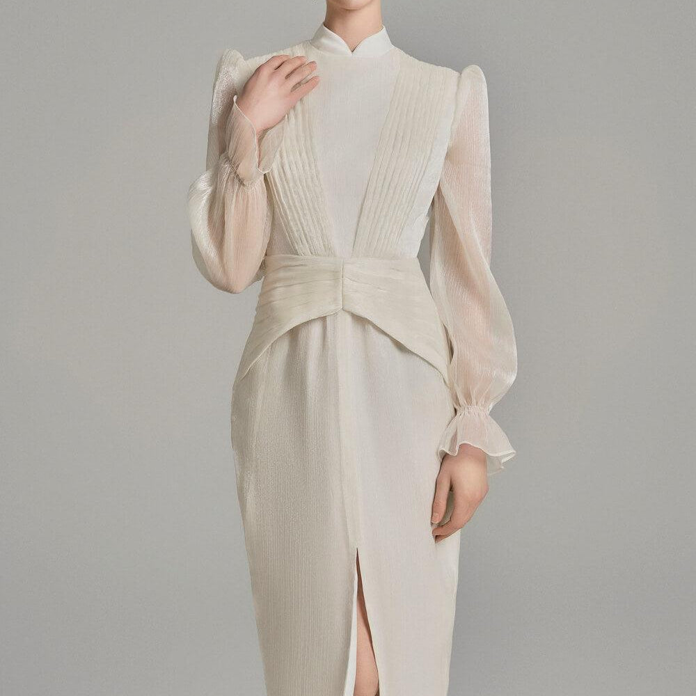 Wrenlee Pencil Mandarin Neck Voile Midi Dress - MEAN BLVD