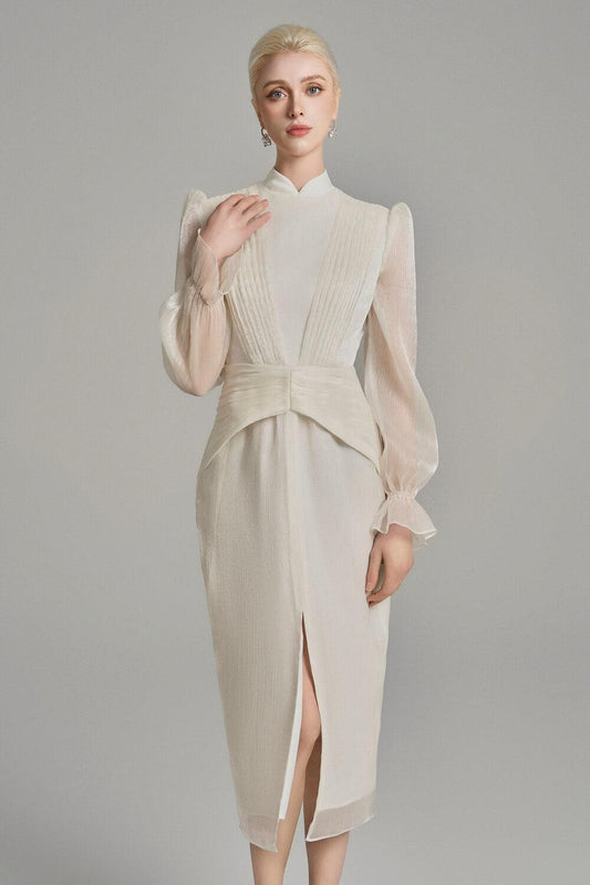 Wrenlee Pencil Mandarin Neck Voile Midi Dress - MEAN BLVD