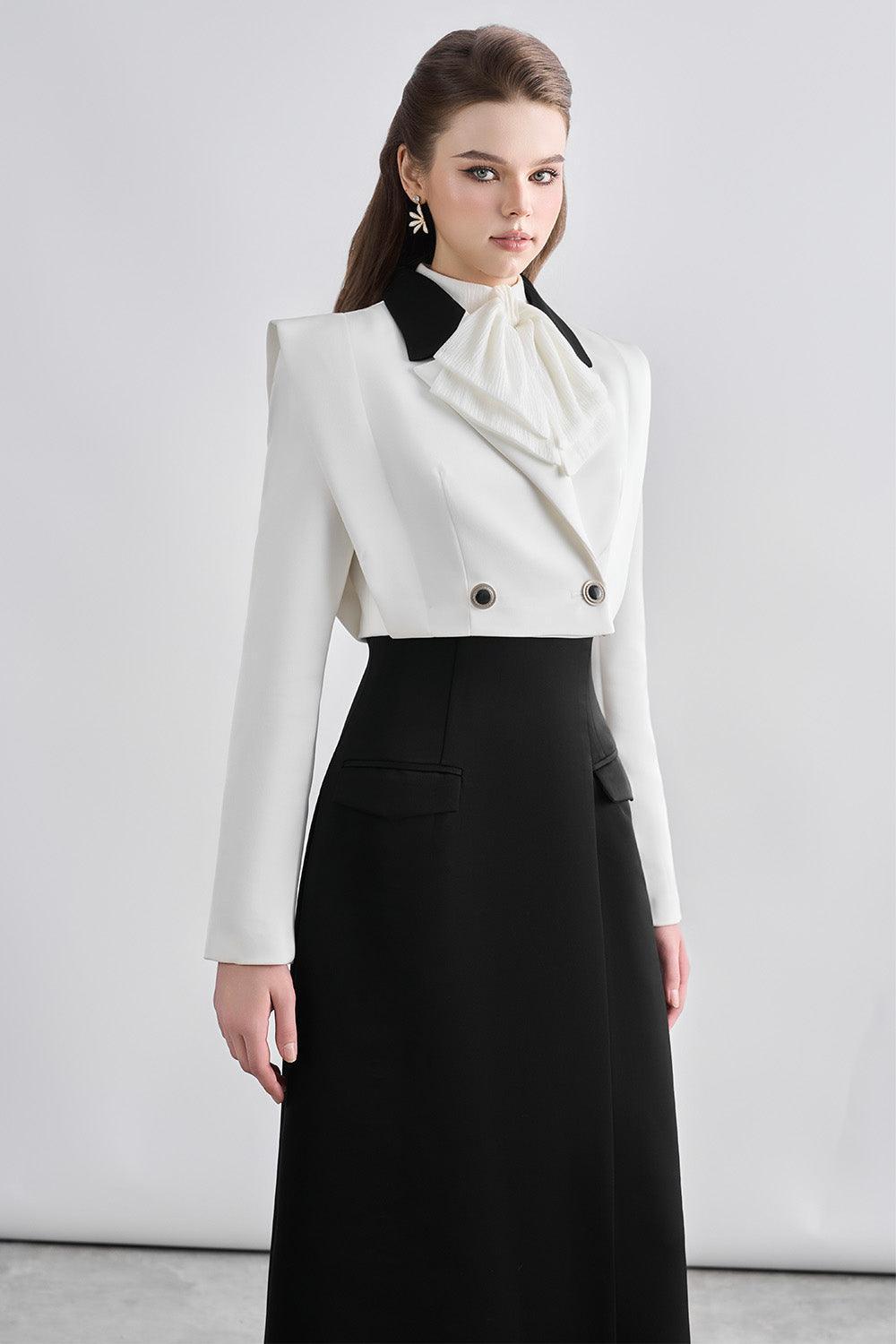 Women's Wrenley A-line Bow Tie Chanel Midi Dress S/M/L/Customize Black and White MEAN BLVD Black and White / S Women's Wrenley A-line Bow Tie Chanel Midi Dress S/M/L/Customize Black and White MEAN BLVD Black and White / S