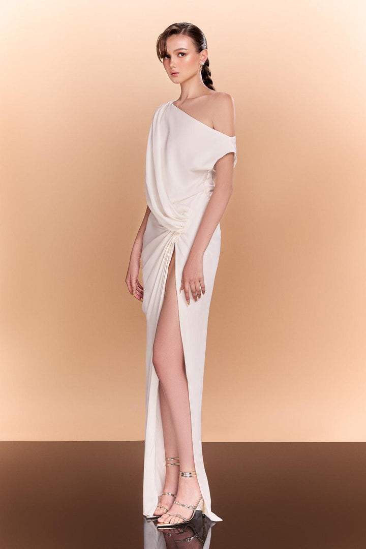 Wynter Slit Diagonal Neck Silk Floor Length Dress - MEAN BLVD