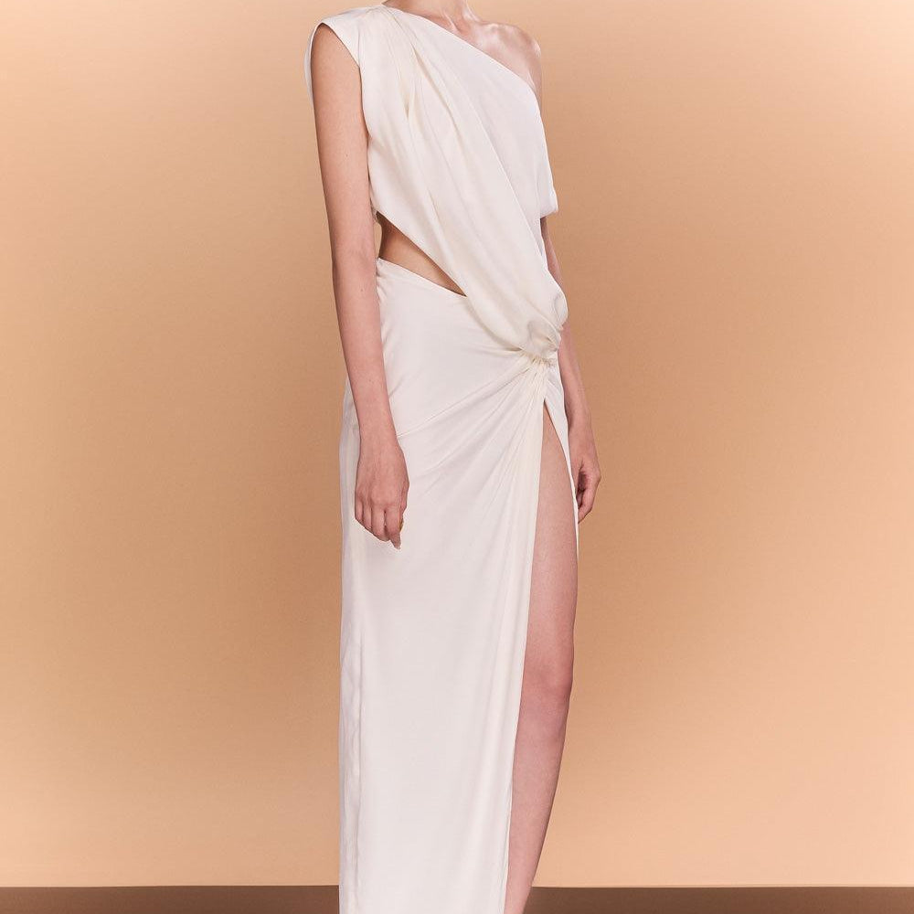 Wynter Slit Diagonal Neck Silk Floor Length Dress - MEAN BLVD