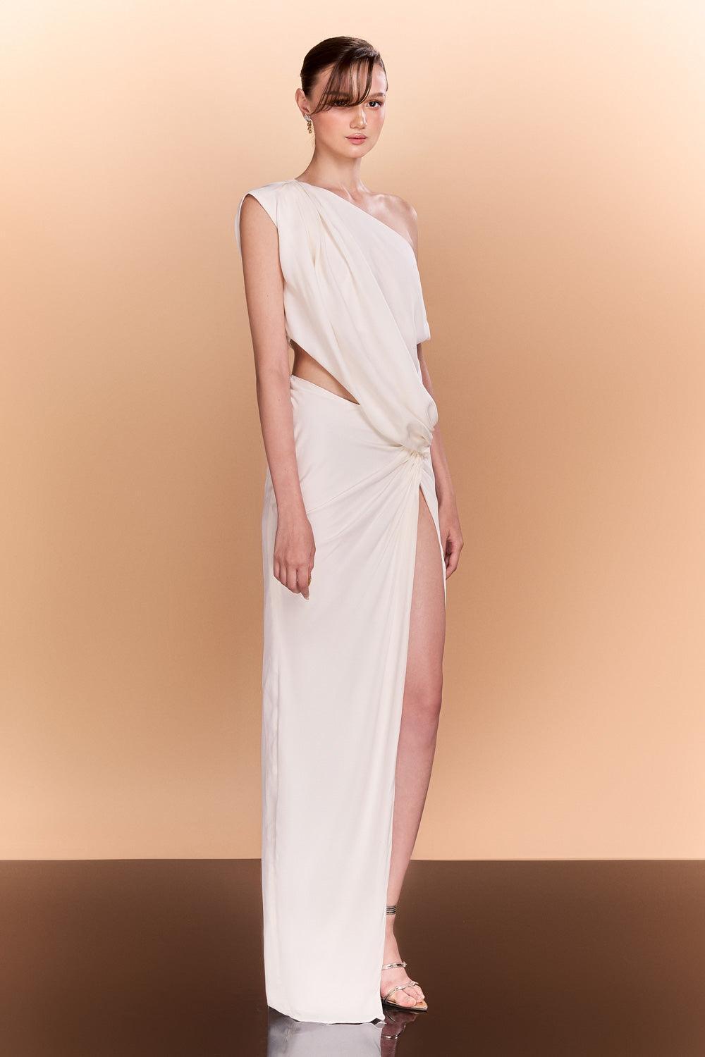 Wynter Slit Diagonal Neck Silk Floor Length Dress - MEAN BLVD