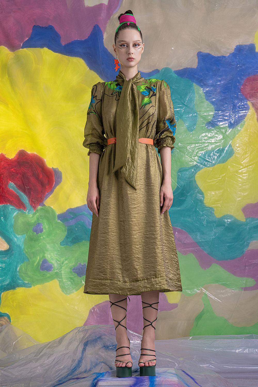 Xenia Straight Tie Neck Organza Midi Dress - MEAN BLVD