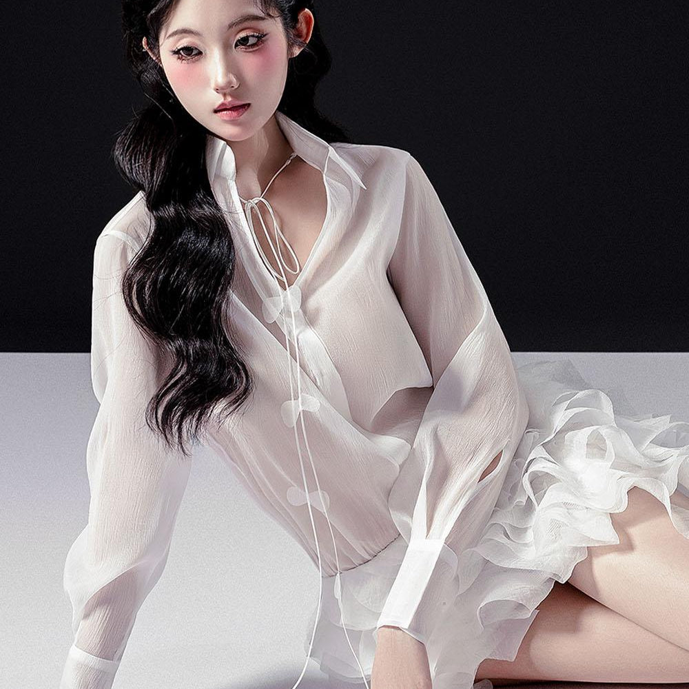 Yareli Straight V-Neck Crinkle Organza Shirt - MEAN BLVD