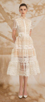 Yasmine A-line Short Sleeved Lace Midi Dress - MEAN BLVD