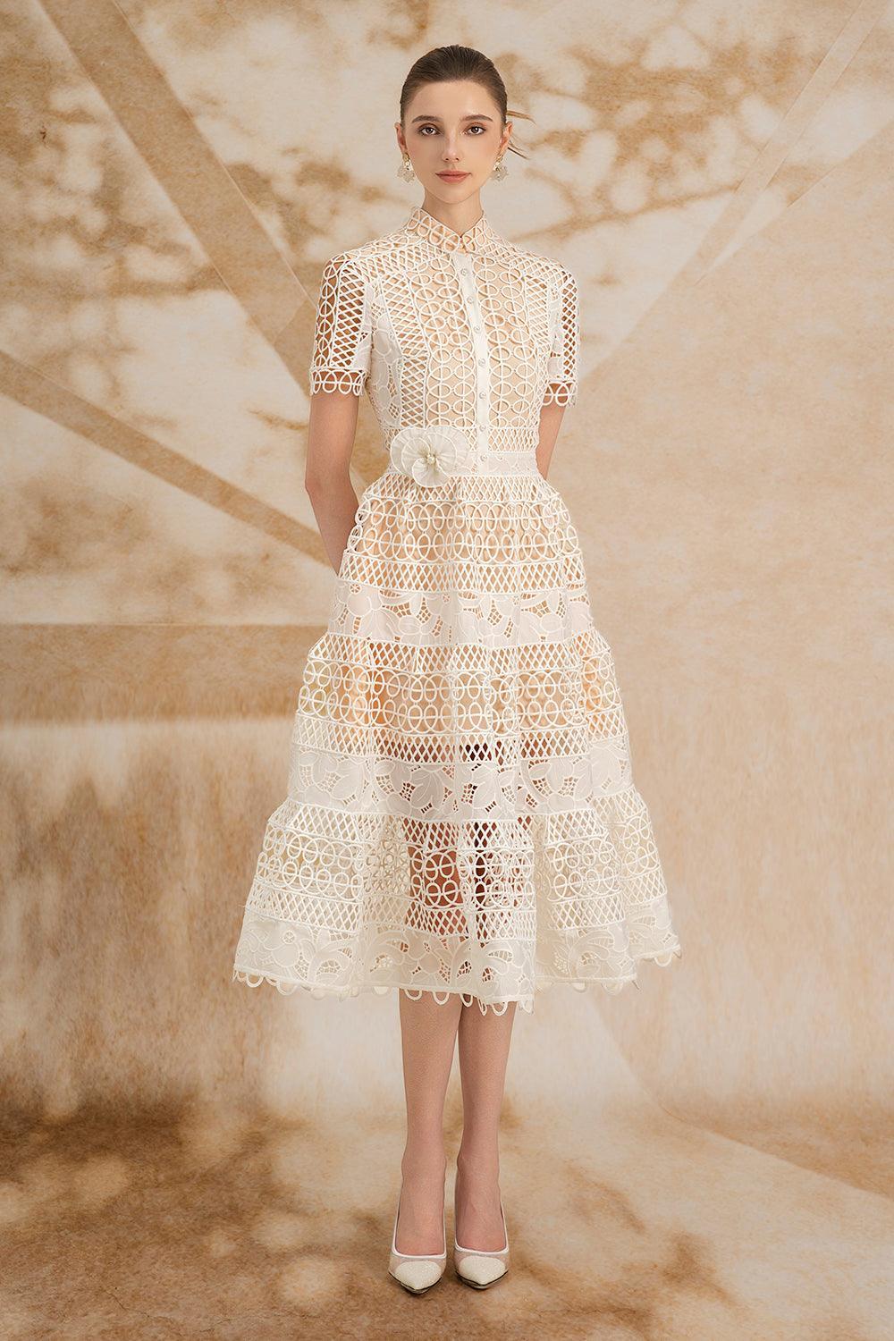 Yasmine A-line Short Sleeved Lace Midi Dress White / S