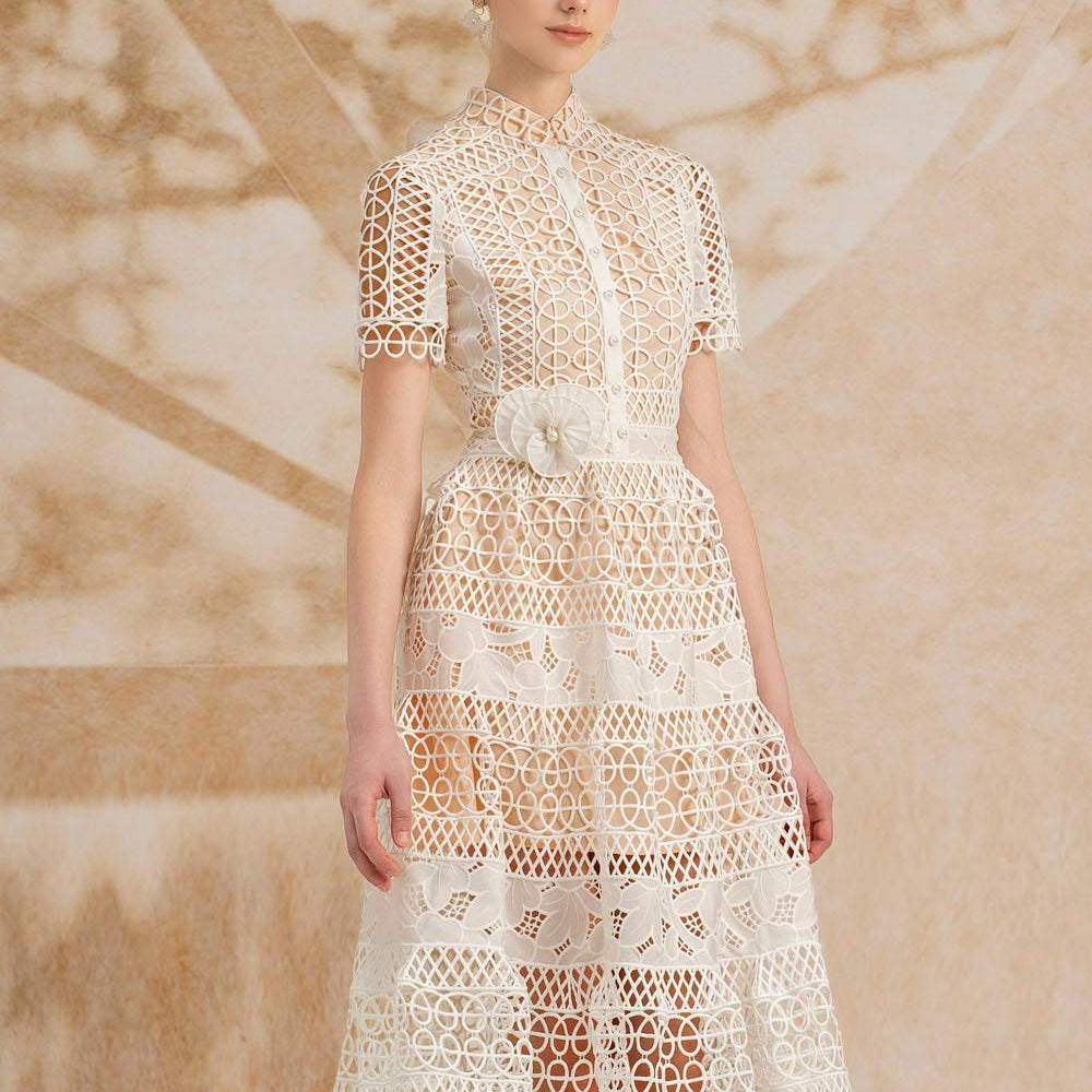 Yasmine A-line Short Sleeved Lace Midi Dress - MEAN BLVD
